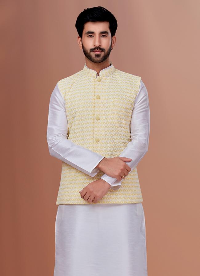 Embroidered Georgette Yellow Festival Wear Embroidery Work Readymade Men's Waist Coat